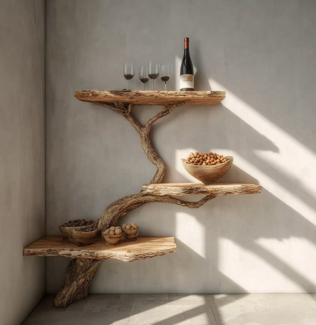 Floating driftwood tree shelf in a compact apartment