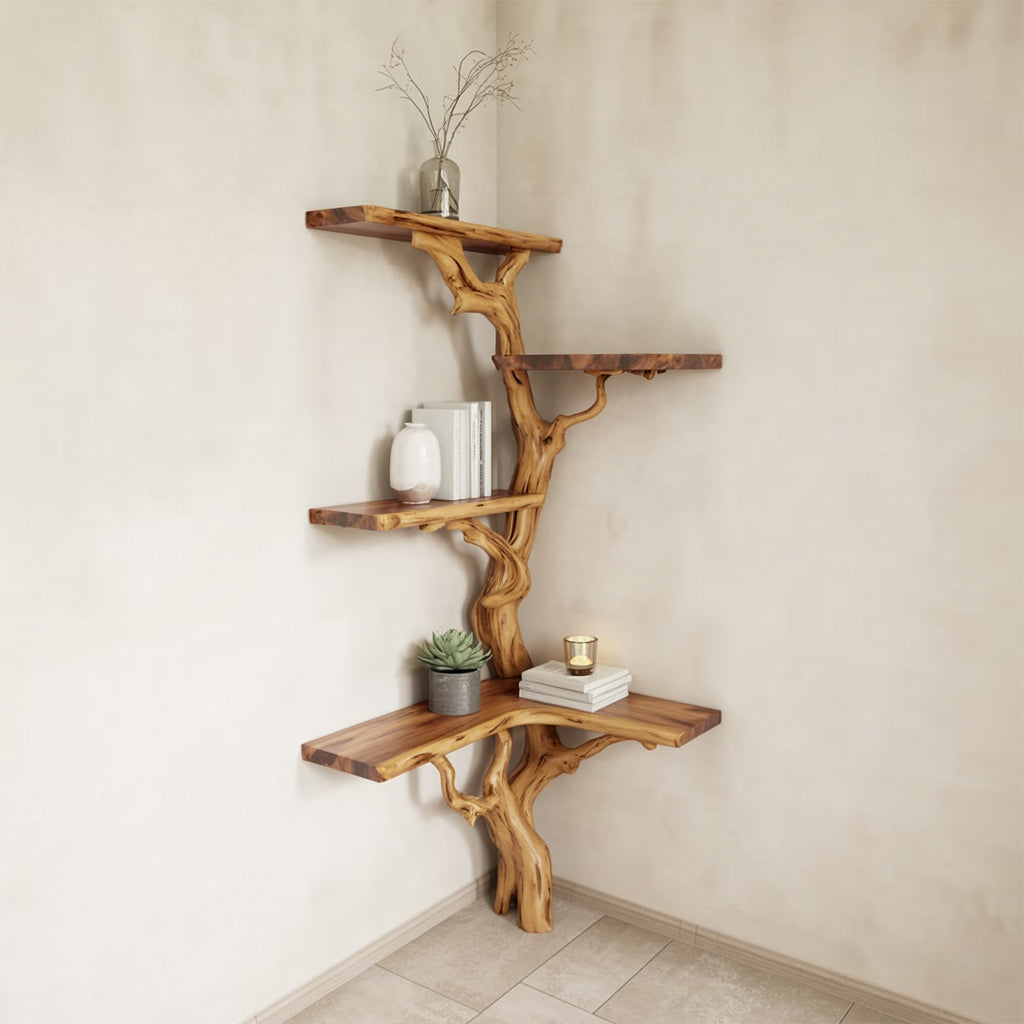Rustic wooden corner shelf with natural tree branch design holding decor items like books, vase, and plant