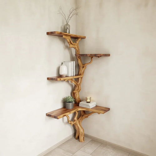 Handcrafted Tree Branch Corner Bookshelf – Unique Sculptural Wood Statement Piece