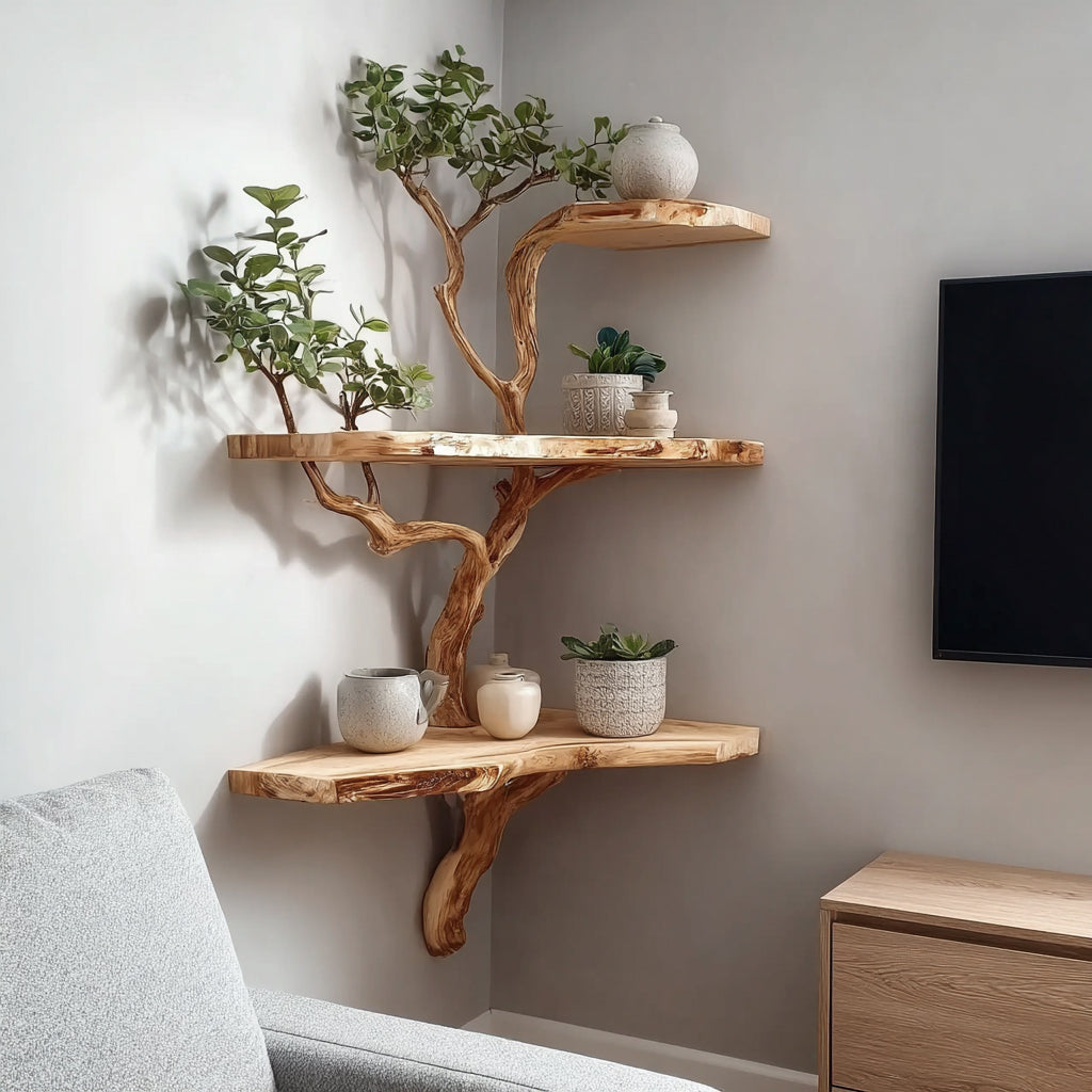 Corner tree branch wall shelf with potted plants and ceramic jars in modern living room