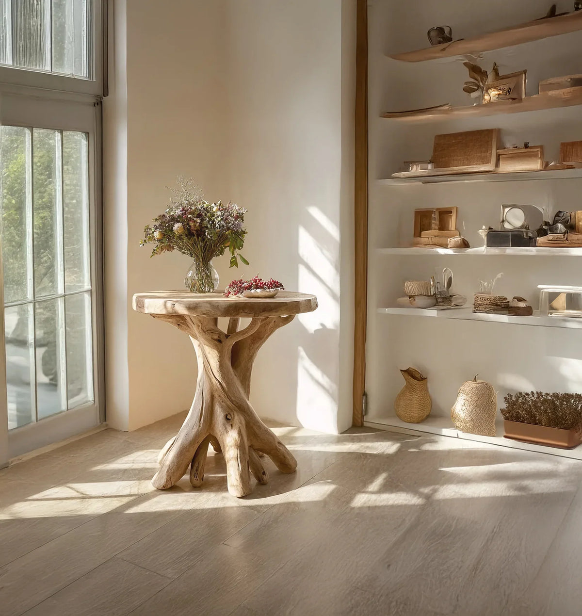 Live edge solid wood side table with natural branch base in sunlit modern room