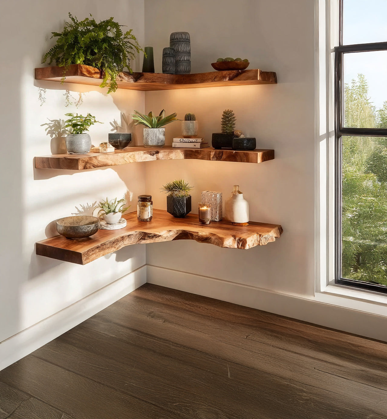 Corner with three live edge wood floating shelves decorated with small plants, vases, candle, and natural light from window