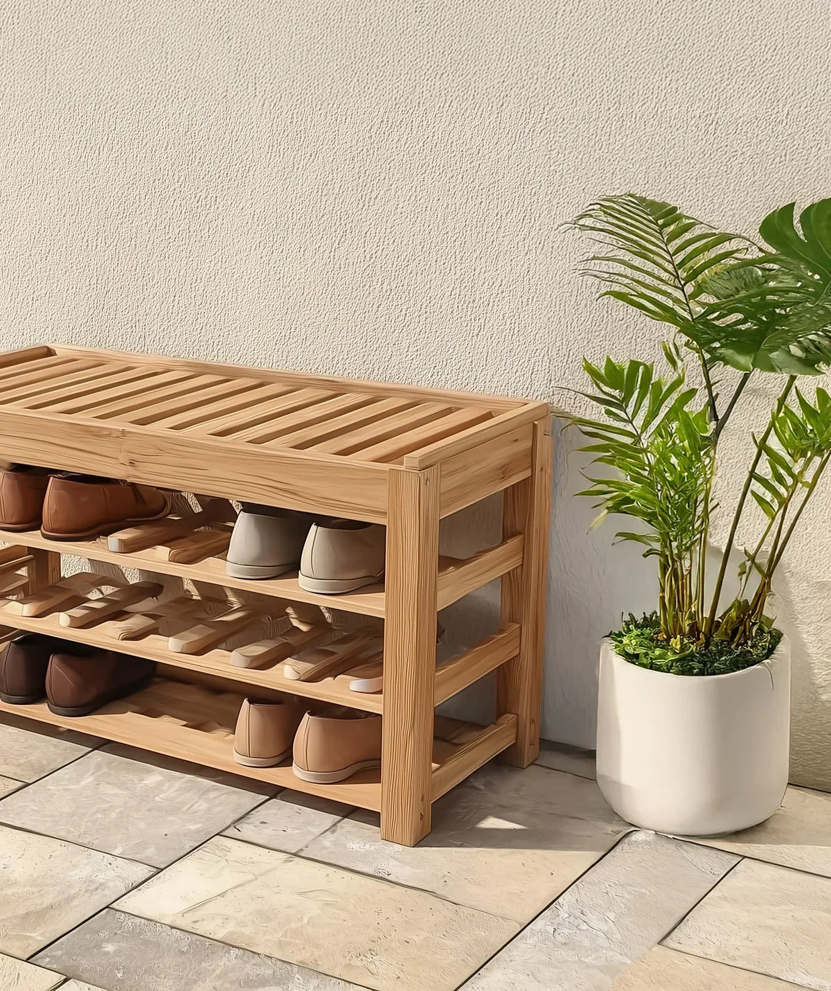 Wooden shoe rack with multiple pairs of shoes beside a potted plant on tiled floor