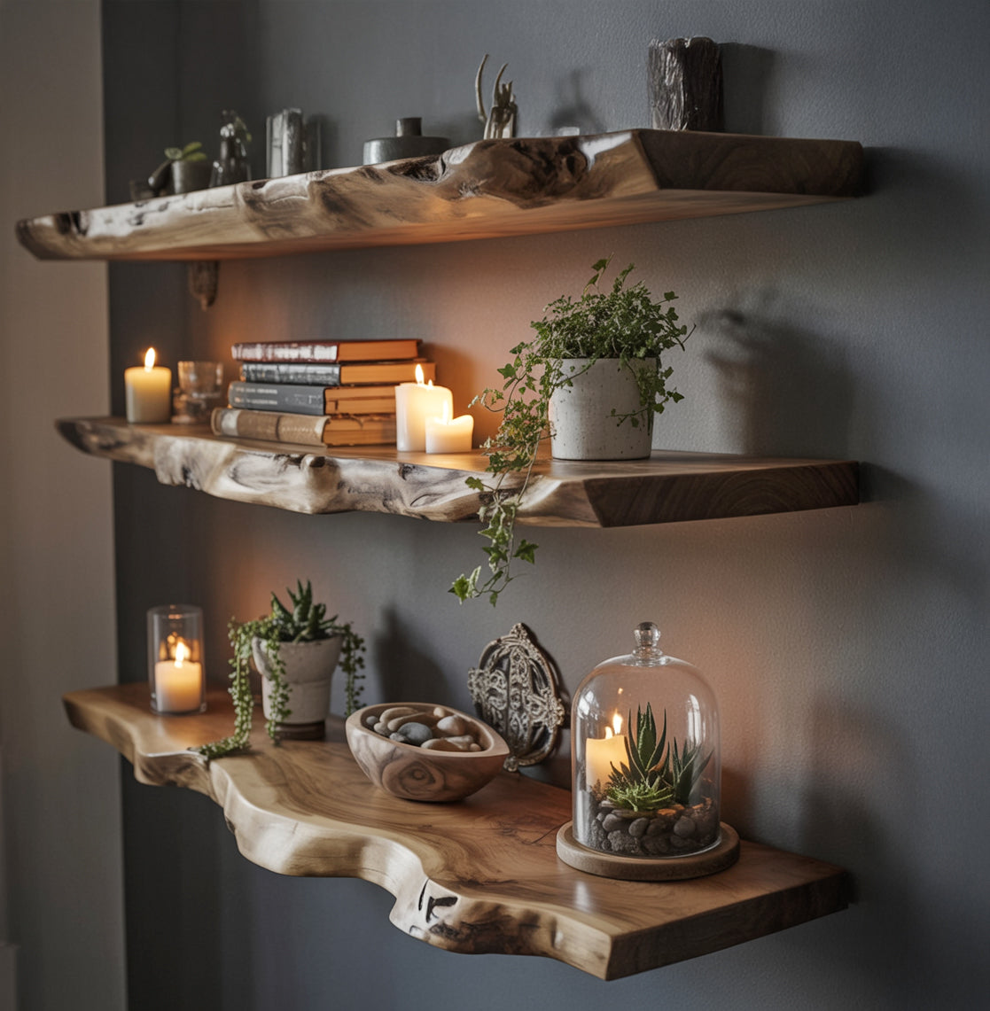 Rustic live edge wooden shelves with candles, potted plants, books, and decorative stones on gray wall