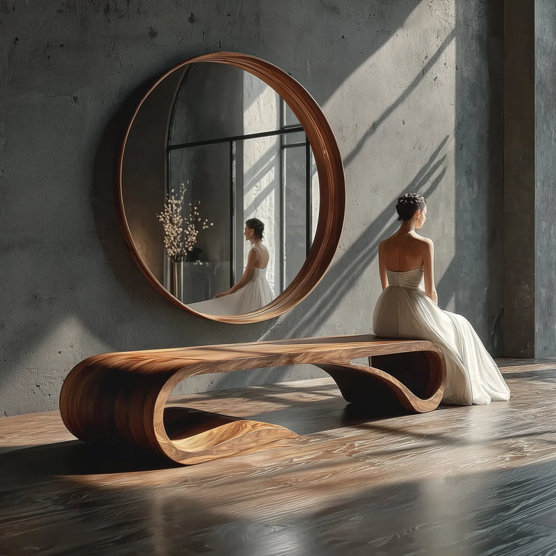 Elegant woman in white dress sitting on modern wooden bench in minimalist room with round mirror