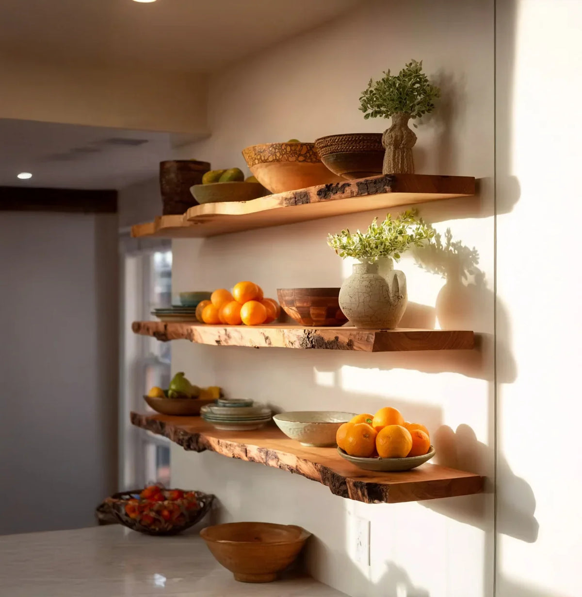 Rustic wooden kitchen shelves with clay bowls, fresh oranges, and decorative plants in soft sunlight