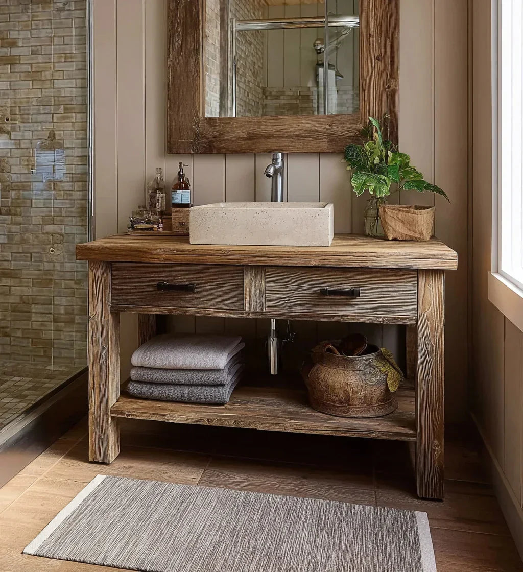 Rustic solid wood bathroom vanity with stone vessel sink and farmhouse decor