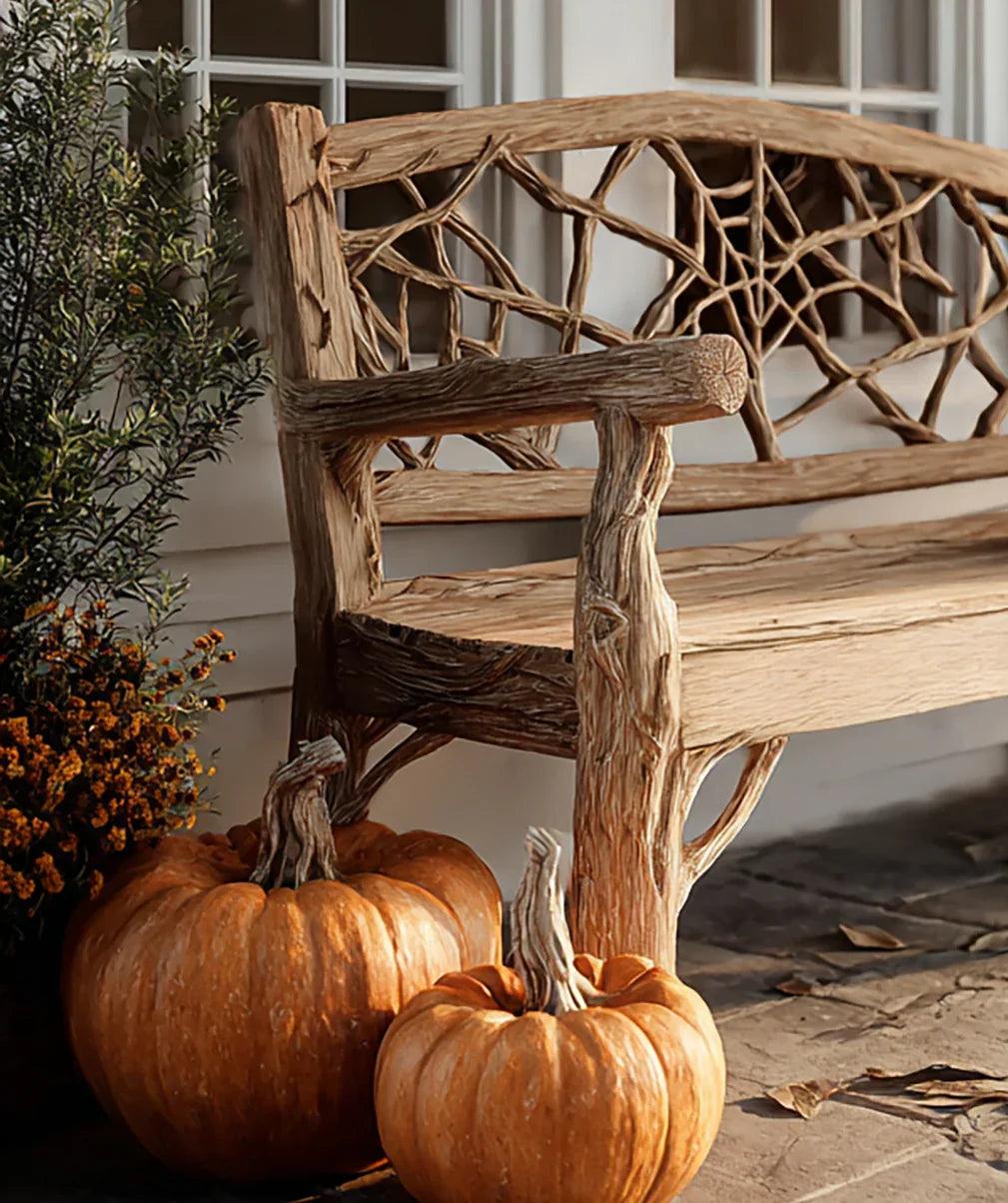 Rustic wooden bench with intricate web-like backrest, autumn pumpkins, and fall foliage on porch