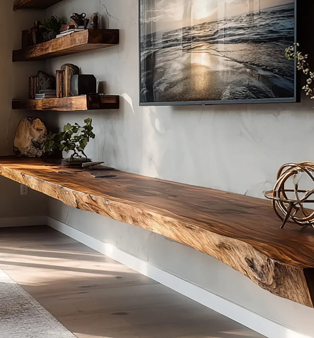 Live edge wooden floating TV console with rustic shelves and decorative items in modern living room