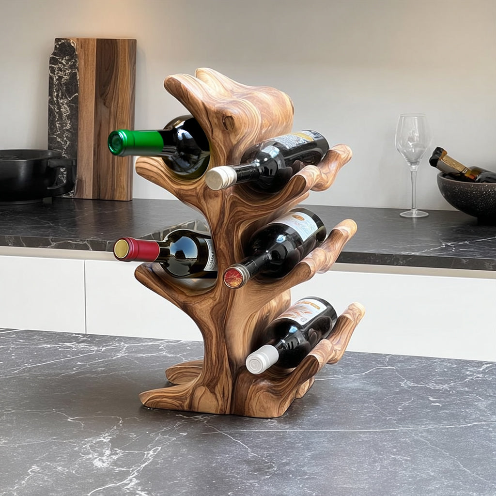 Wooden hand-shaped wine rack holding five bottles on a marble kitchen countertop