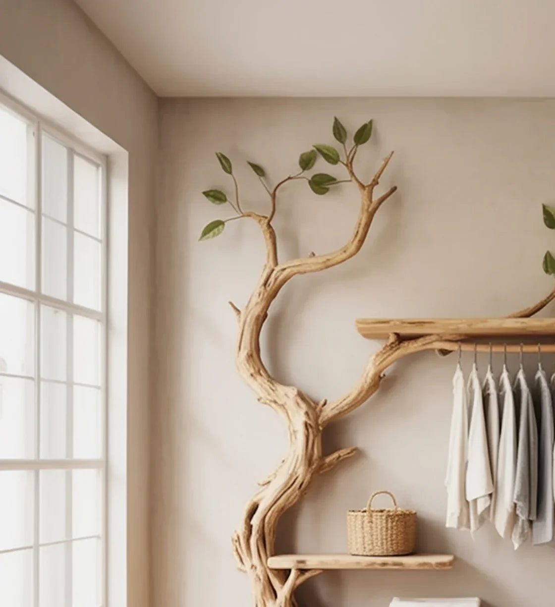 Natural wood tree branch coat rack with green leaves, hanging clothes, wicker basket, bright window
