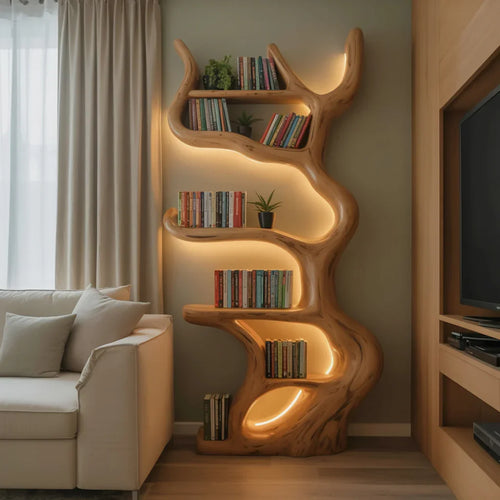 Rustic Live Edge Wooden Tree Bookshelf – Custom Wall Mounted Floating Shelf