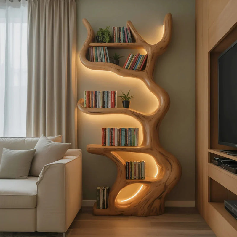 Modern living room with artistic wooden tree-shaped bookshelf featuring LED backlighting and books