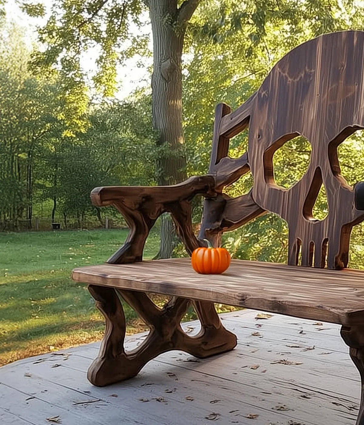 Rustic wooden bench with skull-shaped backrest and mini pumpkin on wooden porch, surrounded by green trees