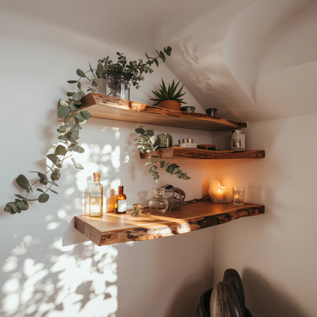 Live edge floating wooden shelves with plants, candles, and decor in a cozy corner