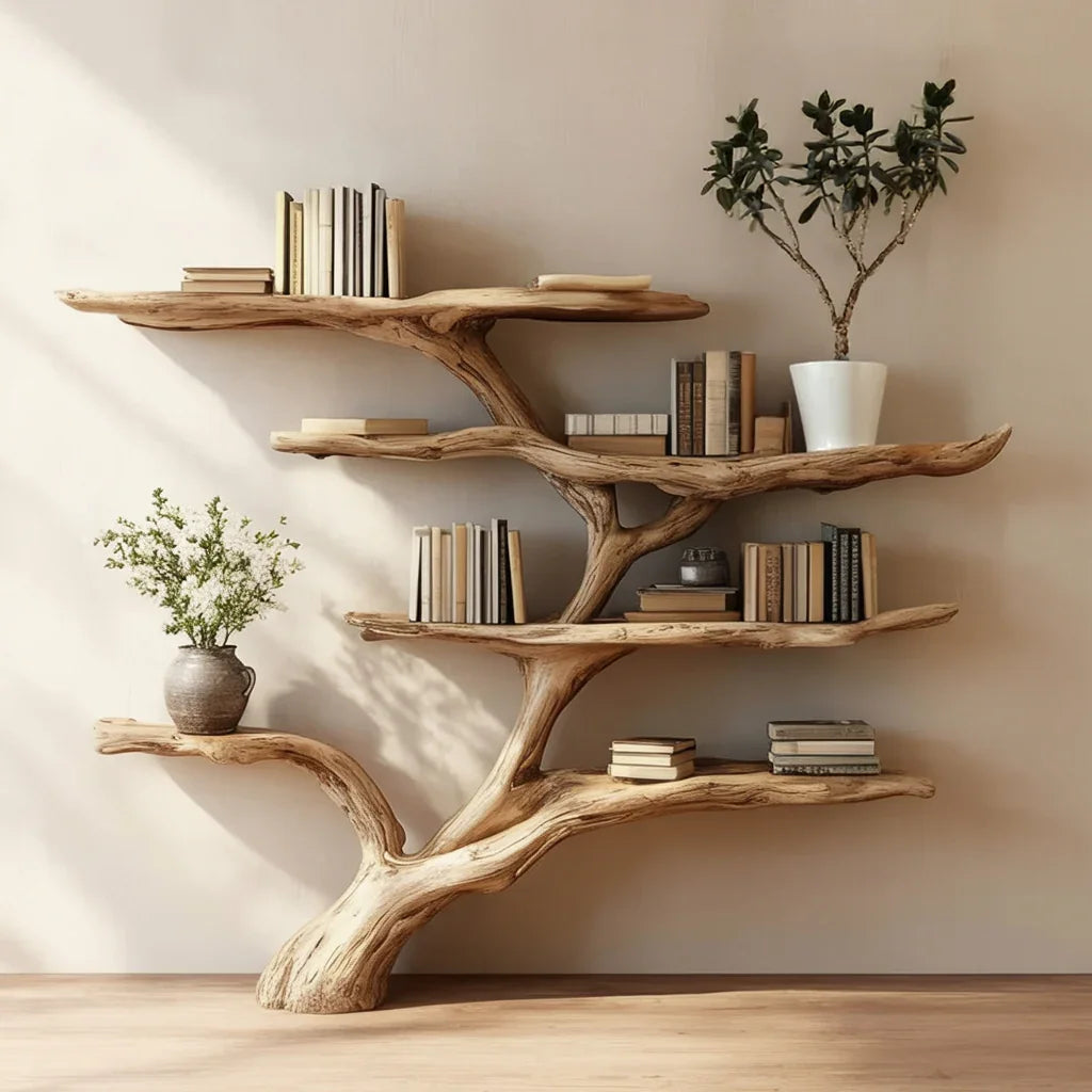 Wooden tree branch bookshelf with books, potted plant, and ceramic vase in minimal room