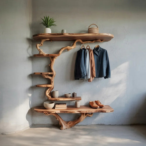 Tree Branch Hall Tree Coat Rack – Driftwood Coat Hook Wall Mount Shoe Bench Solid Wood Storage