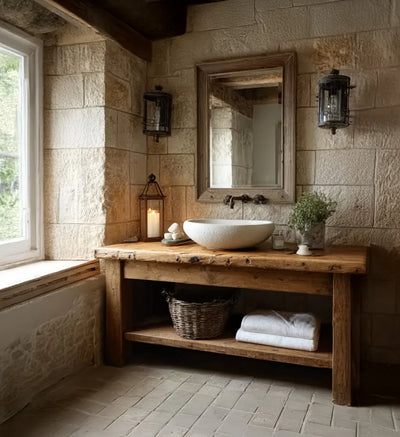 Rustic bathroom with stone walls, wooden vanity, round white vessel sink, mirror, and candle lanterns