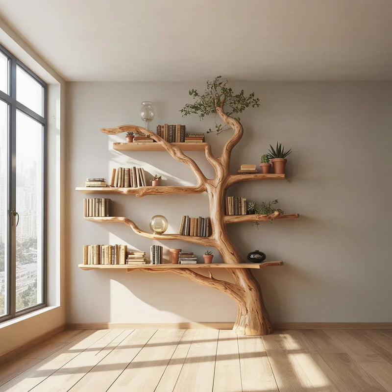 Unique wooden tree bookshelf with books and potted plants on light wall in modern room