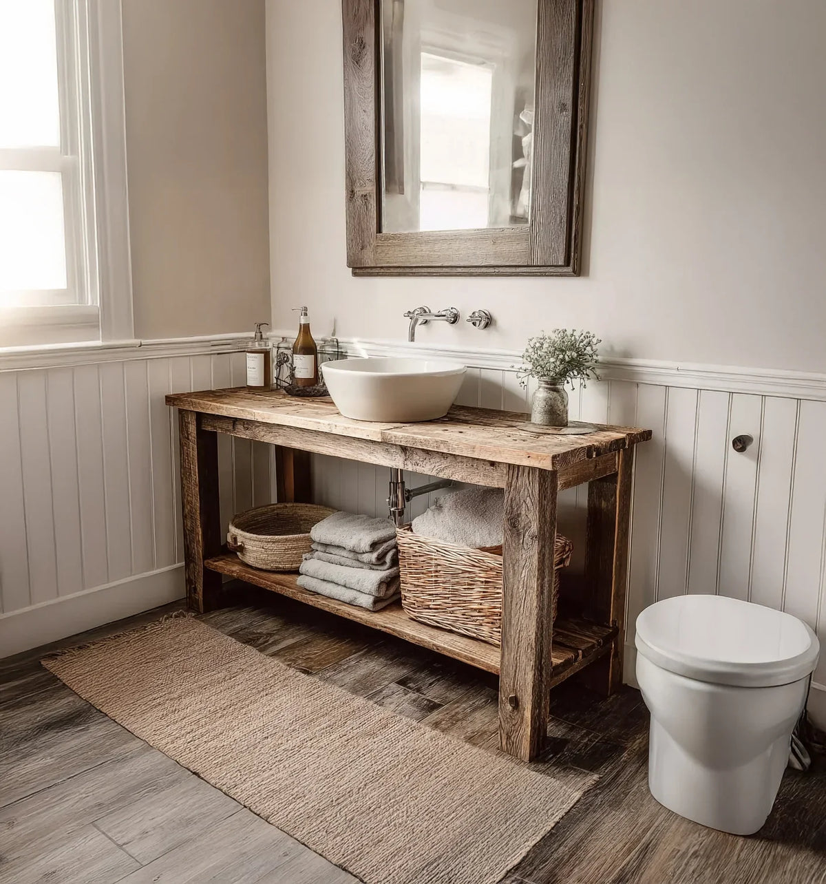 Rustic bathroom with wooden vanity, white vessel sink, woven baskets, stacked towels, and a white toilet