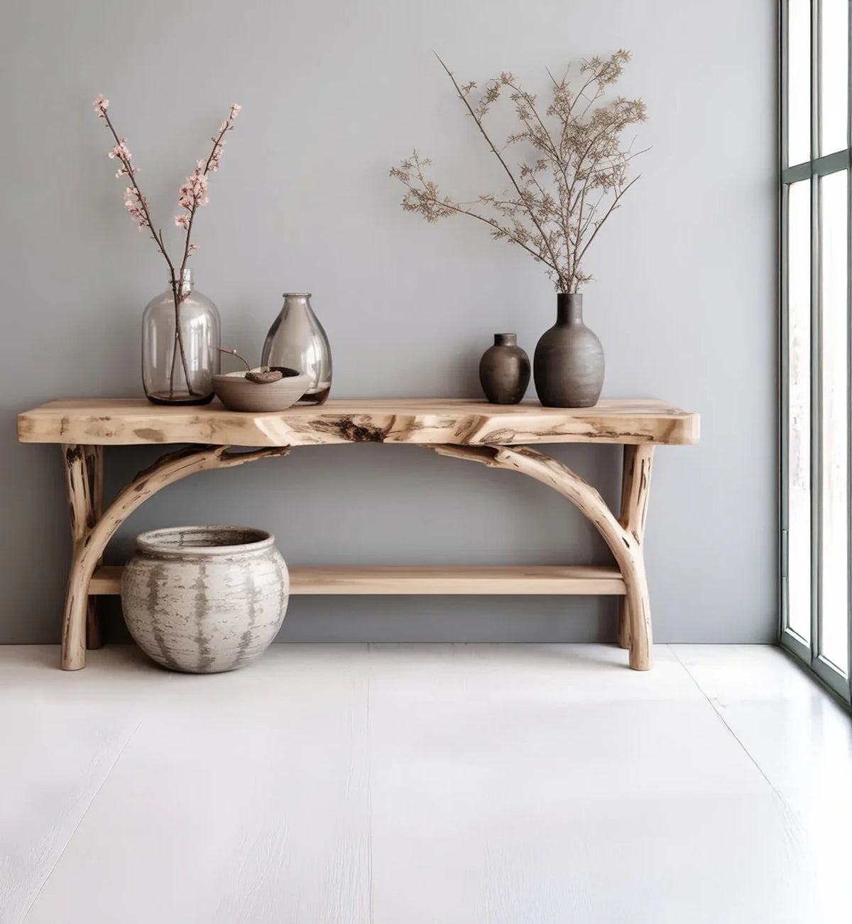 Live edge solid wood console table with decorative vases in a modern minimalist room
