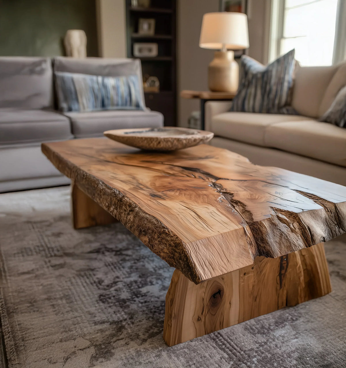 Living room with rustic live edge wooden coffee table, beige sofas, and soft cushions