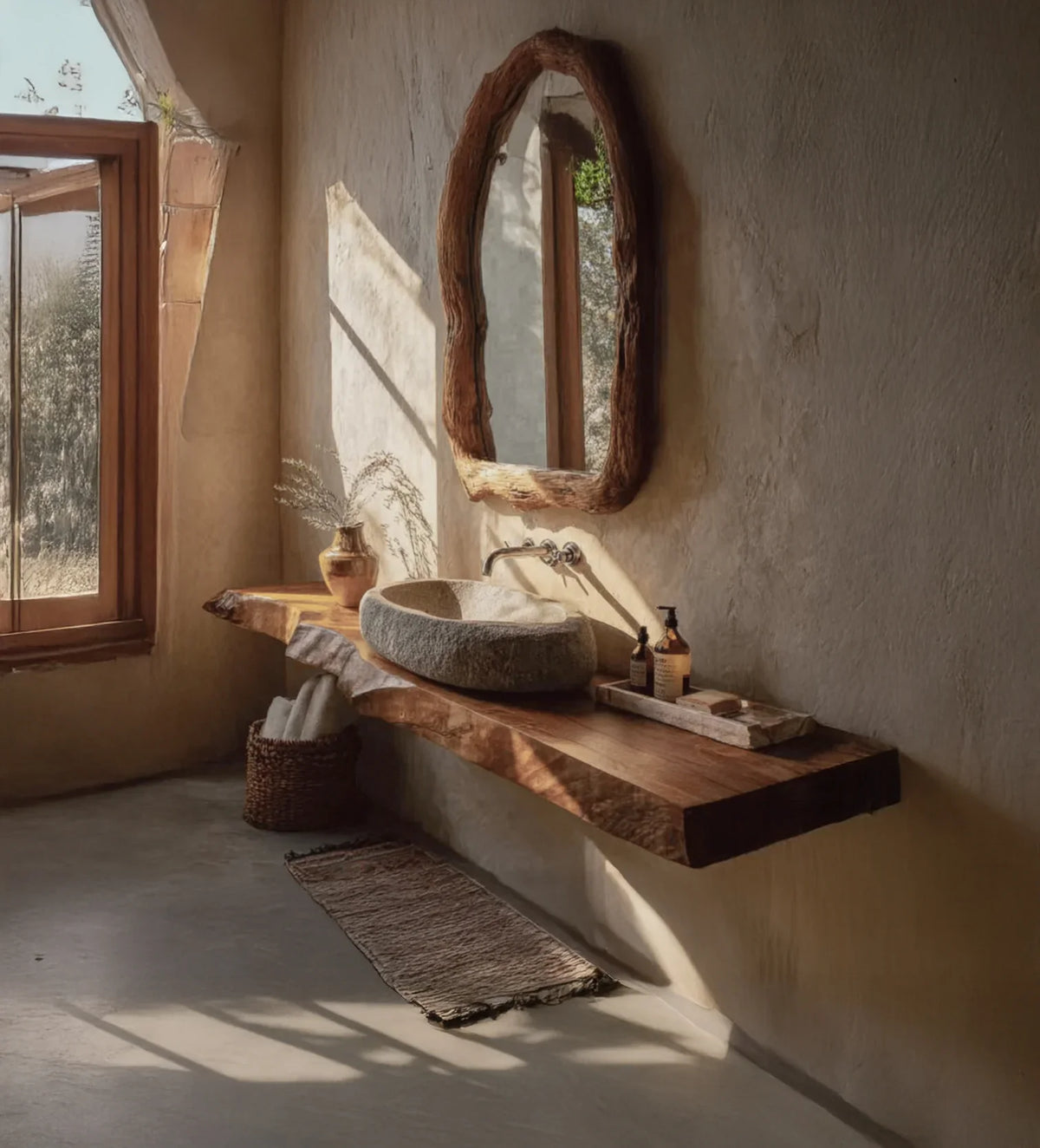 Rustic bathroom with wooden floating sink counter, stone basin, and natural wood-framed mirror
