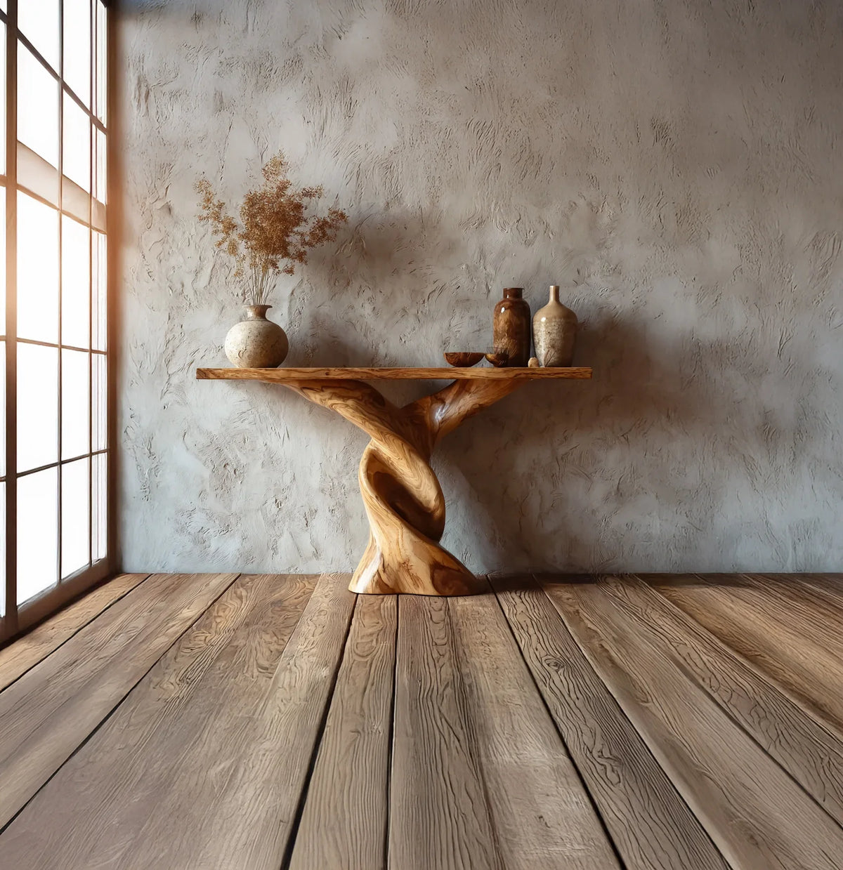 Rustic wooden table with twisted base against textured wall, decorated with ceramic vases and dried plants