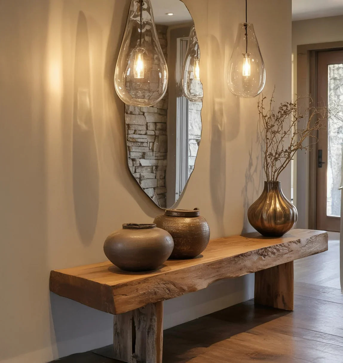 Rustic wood console table with decorative vases and pendant lights in modern entryway