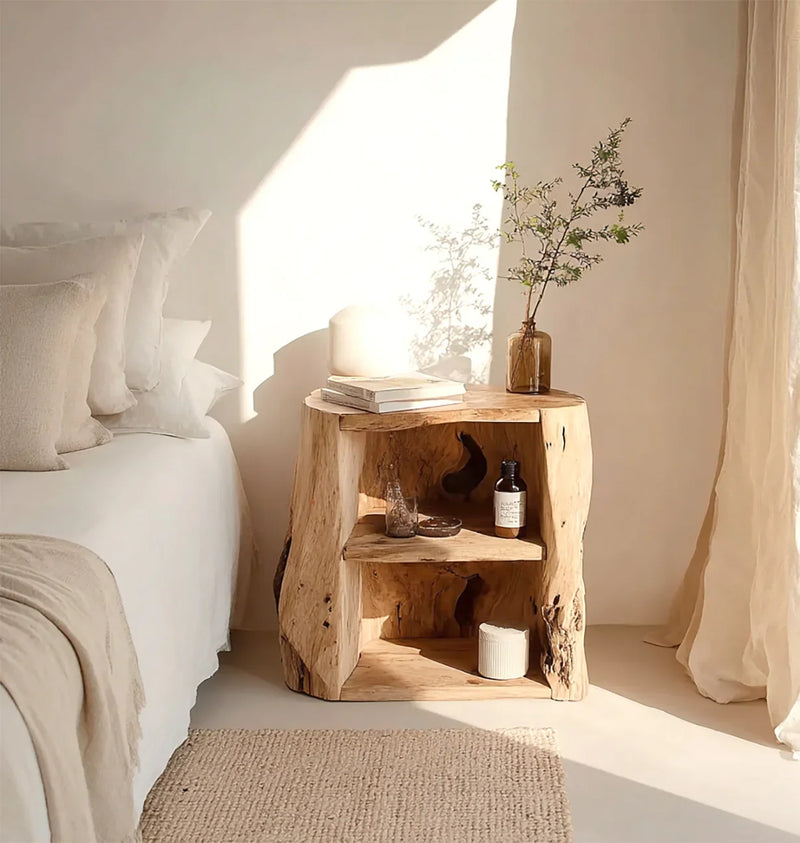 Natural wood bedside table with decor, beige pillows, white bed linens, and sunlight in cozy bedroom