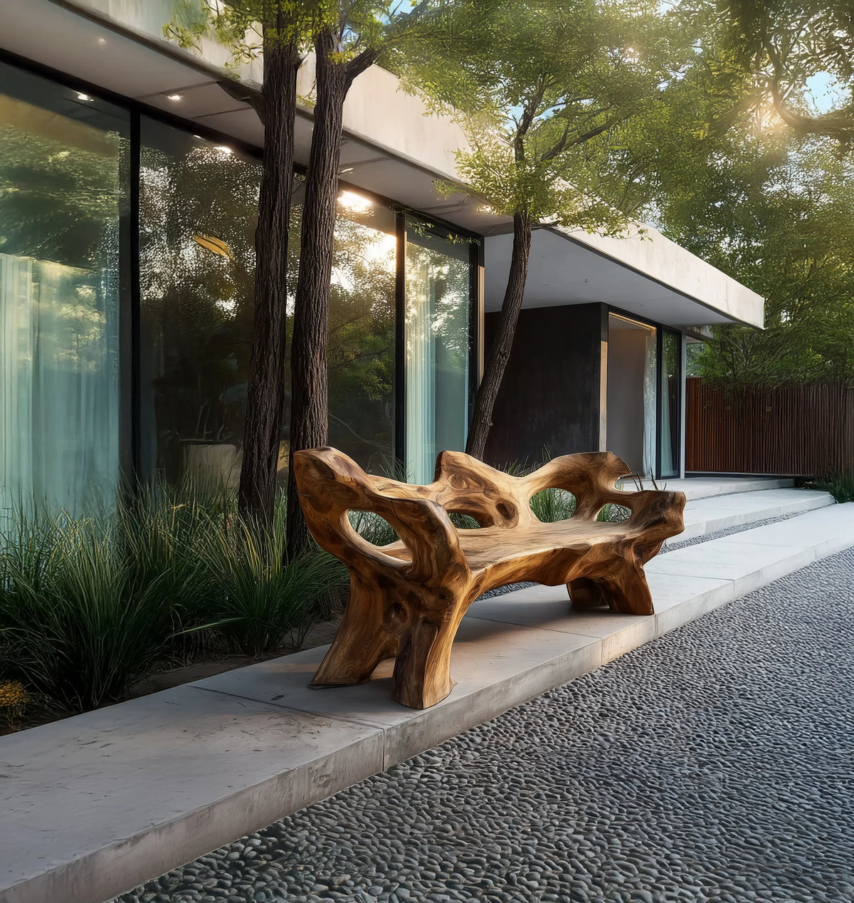 Unique carved wooden bench on marble patio outside modern house with large glass windows and surrounding trees