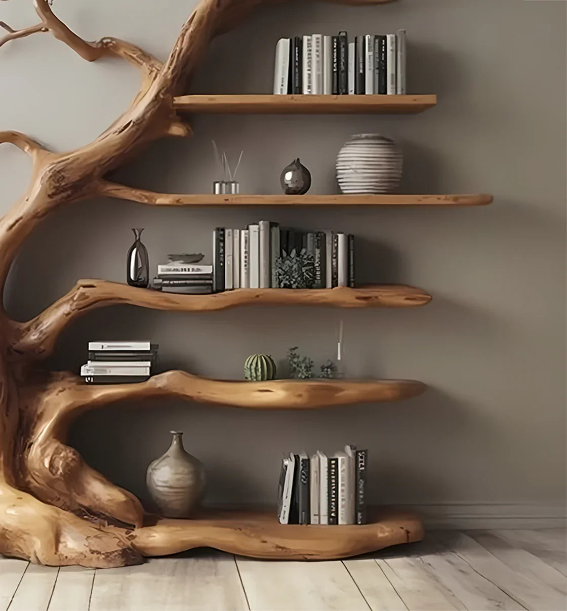 Unique wooden tree branch bookshelf with books, vases, and decorative plants in modern room