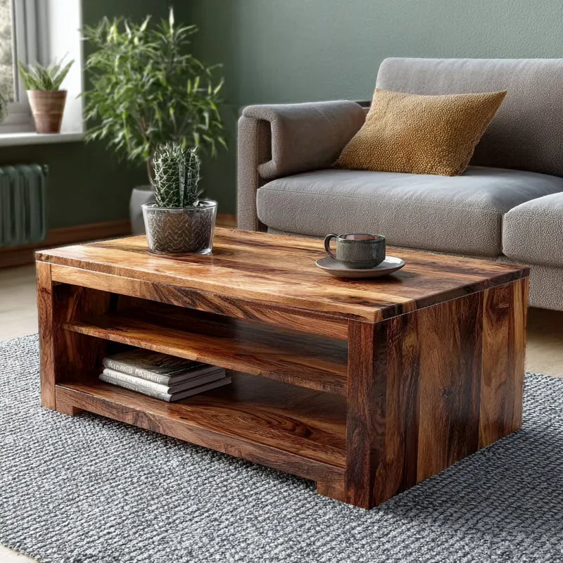 Solid wood living room coffee table with cactus plant and cup, gray sofa and textured rug