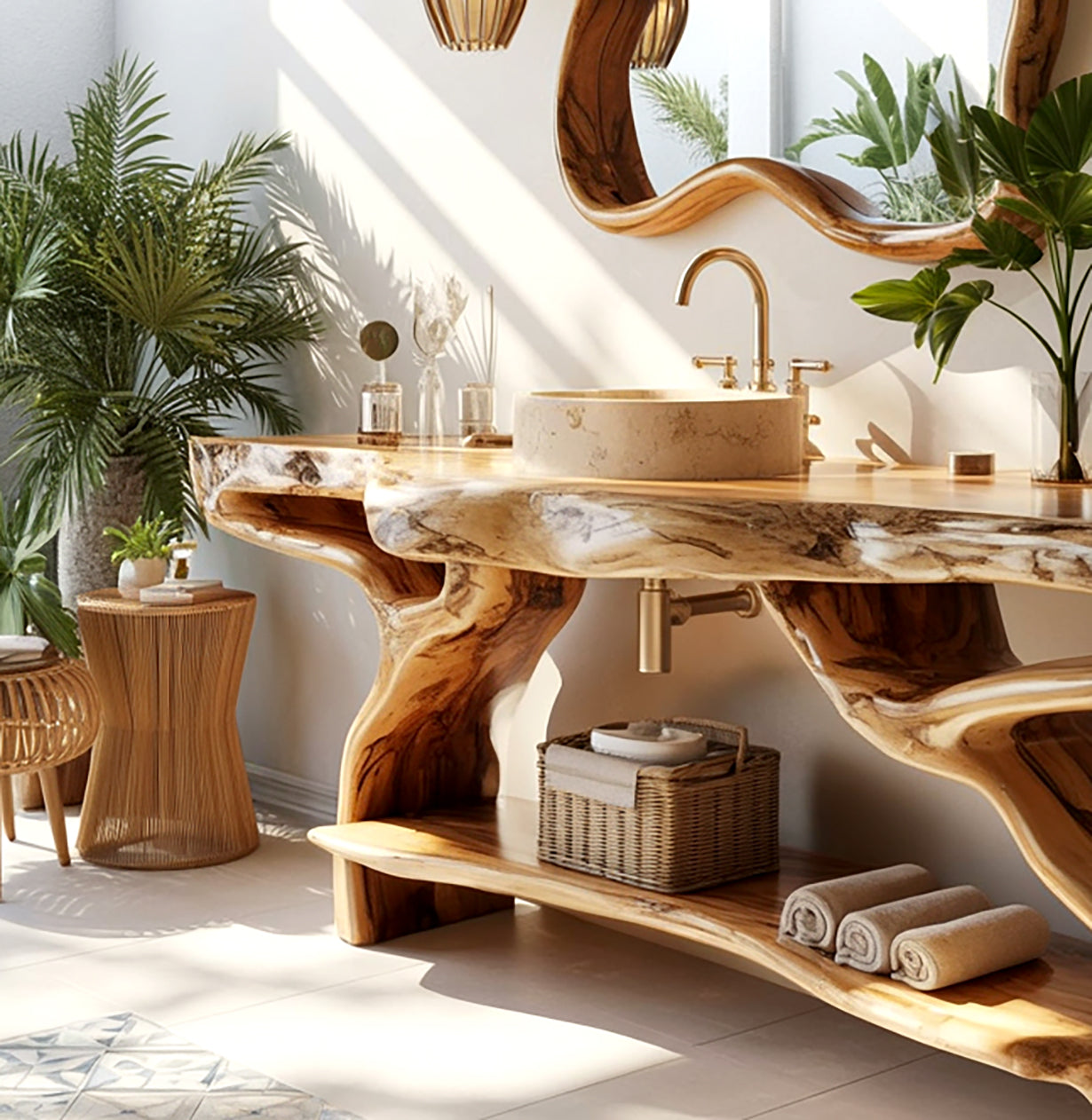 Rustic wooden bathroom vanity with stone sink, gold faucet, wicker basket, towels, and green plants