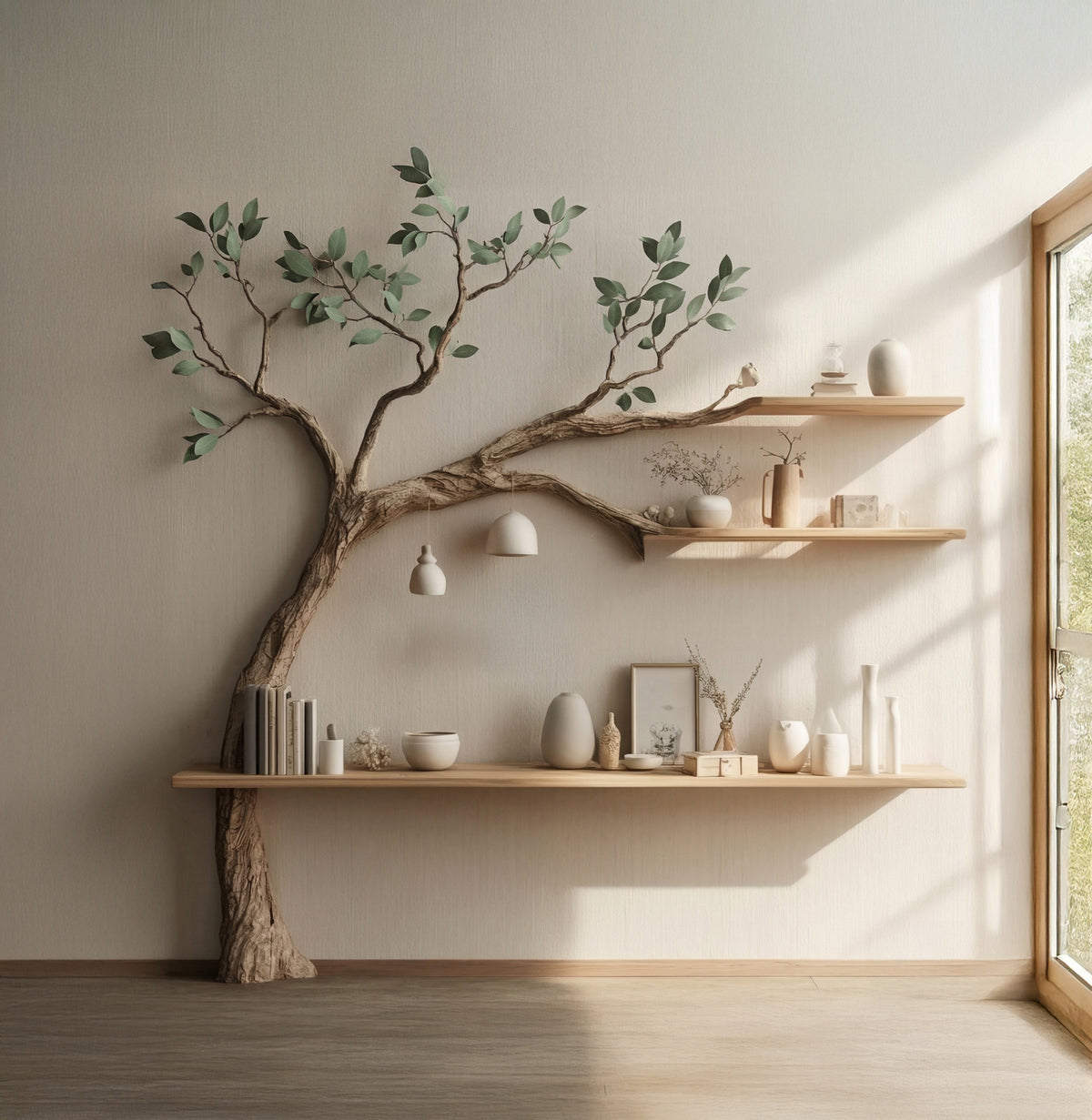 Sculptural Tree Bookshelf for Reading Nook Wall Mounted Solid Wood Display