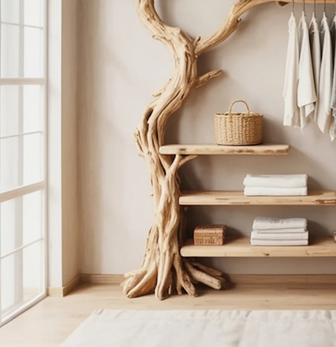 Natural wood tree branch shelf unit with wicker baskets and white linens in bright room