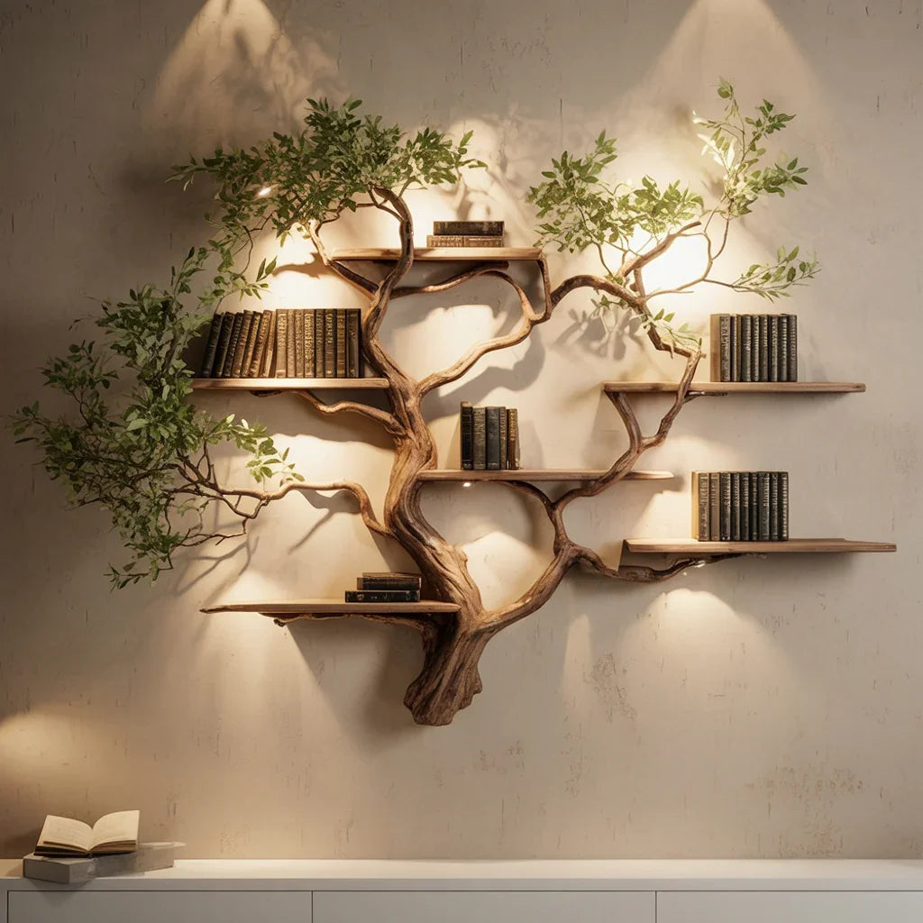 Tree branch shaped wooden wall shelves with green leaves and vintage books on beige wall