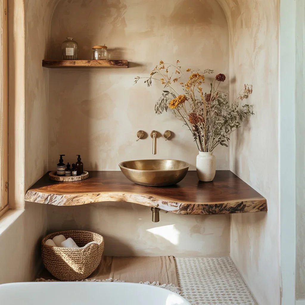 Live edge wood floating shelf and vanity in bathroom with gold basin and dried flowers