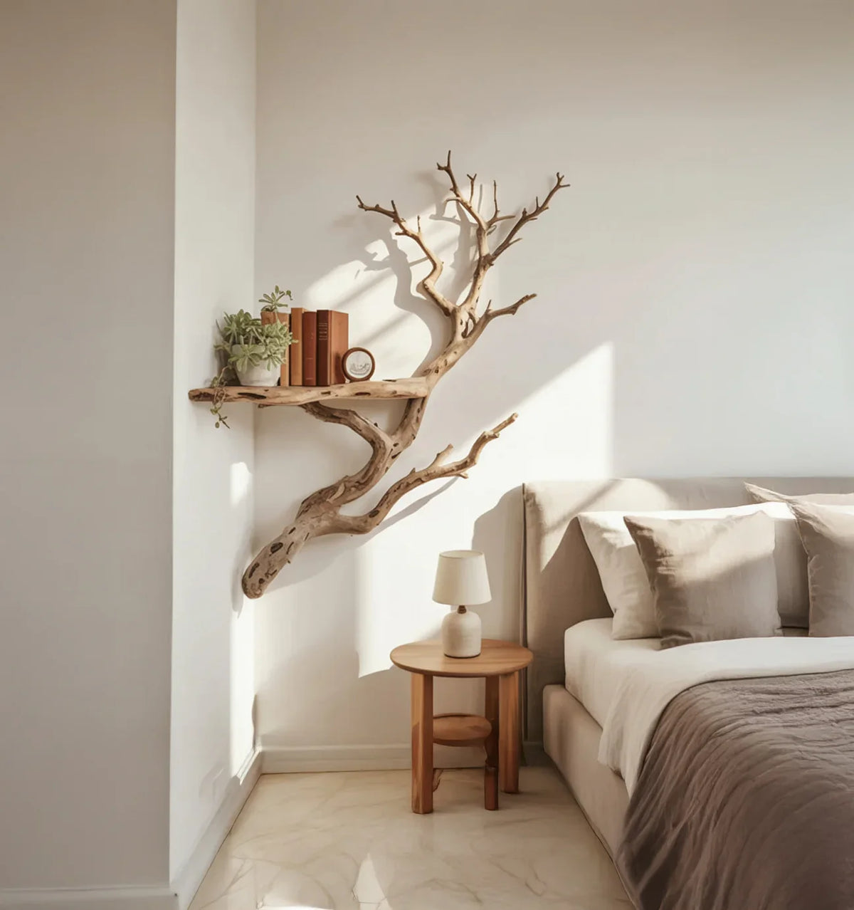 Sustainably crafted live edge tree bookshelf above wooden nightstand in cozy bedroom