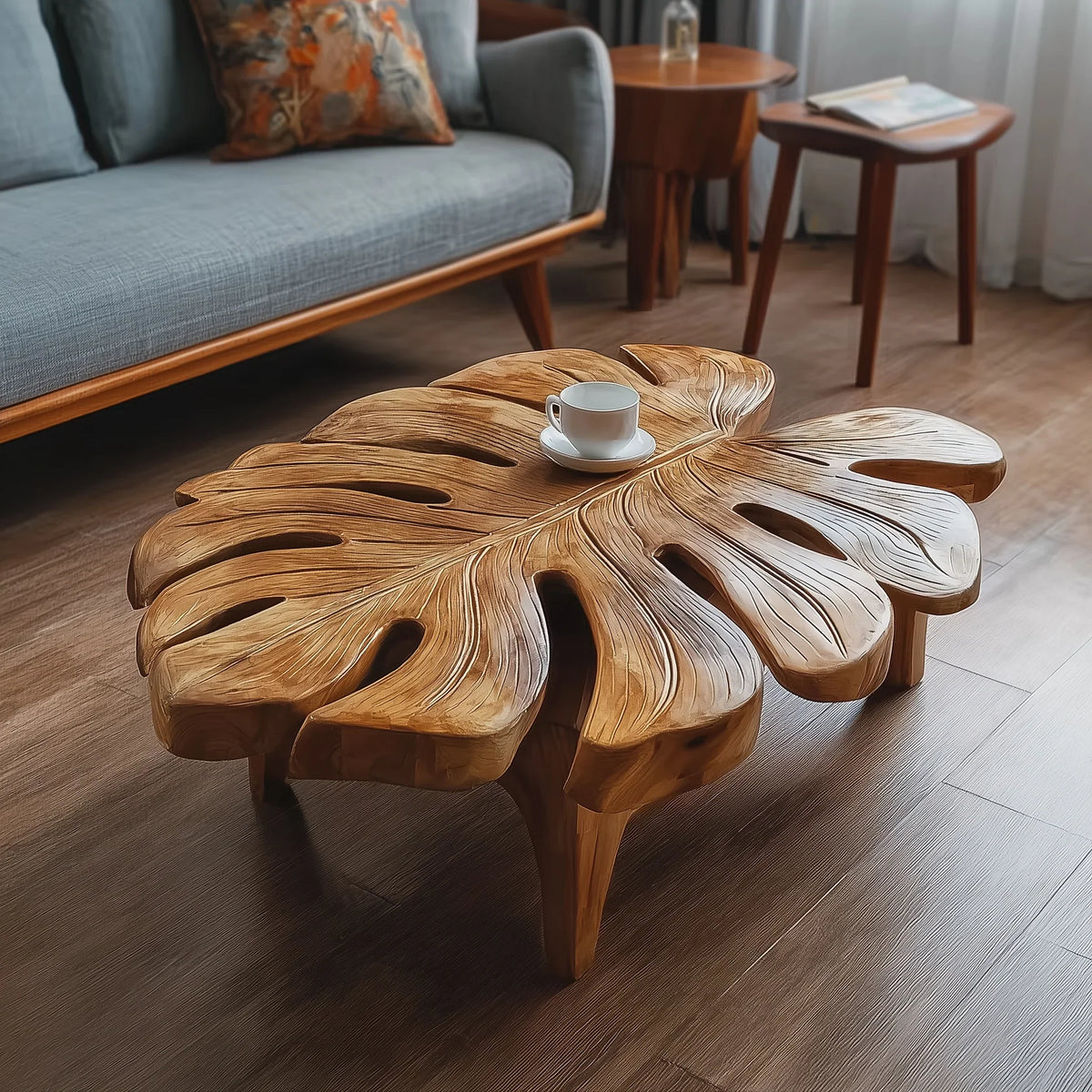 Solid wood coffee table with a live edge leaf design in a modern living room setting