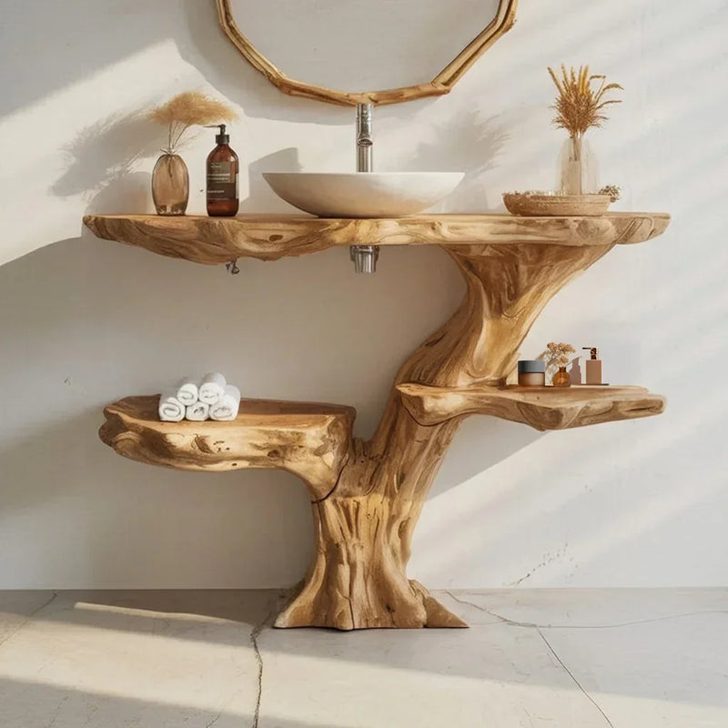 Live edge solid wood bathroom vanity with unique tree-inspired design, vessel sink and shelves.