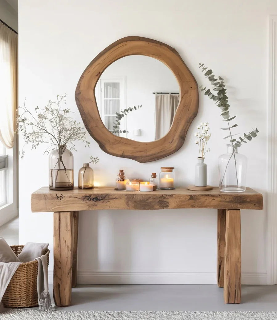 Solid wood live edge console table with rustic mirror, candles, and vases in a modern entryway