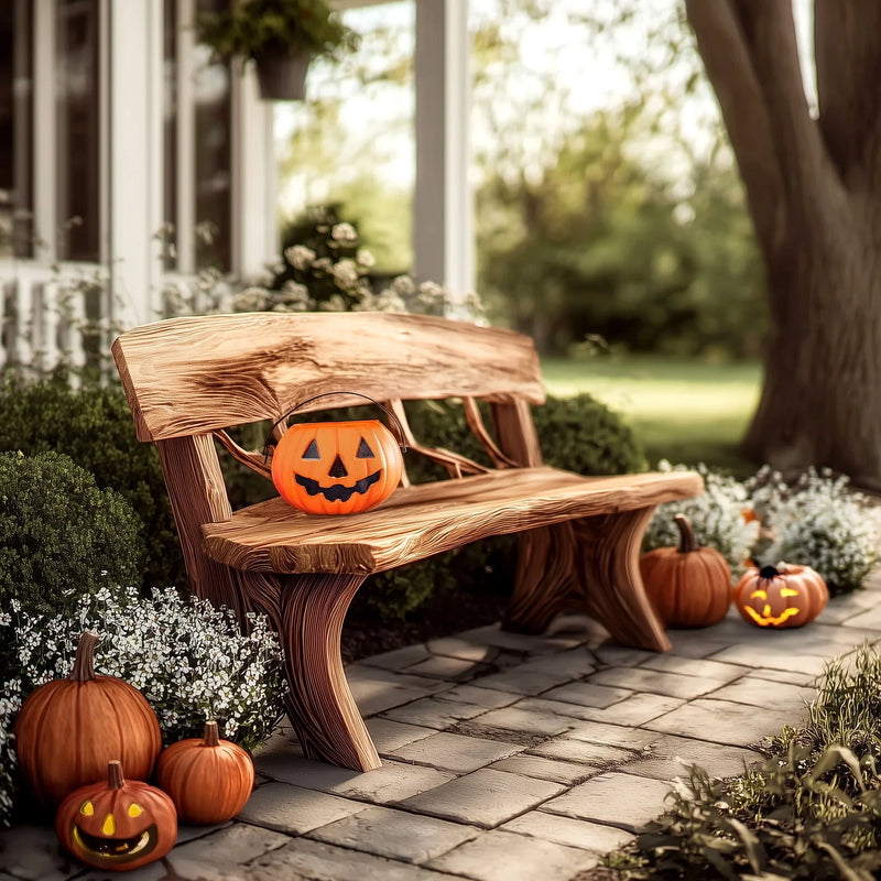 Solid wood live edge bench with carved pumpkins on a garden patio, fall decor