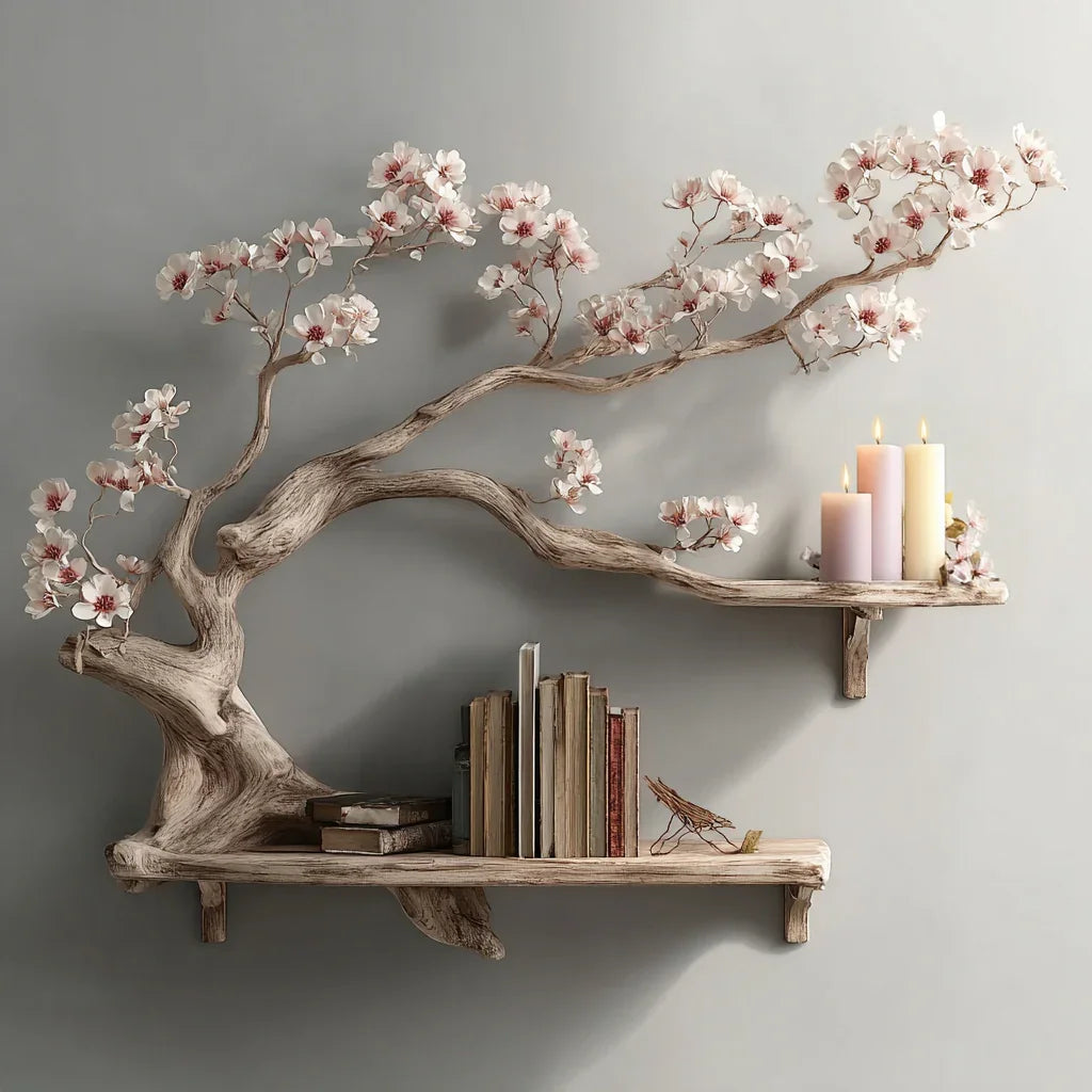 Tree branch bookshelf with pink flowers, books, and candles on a gray wall.