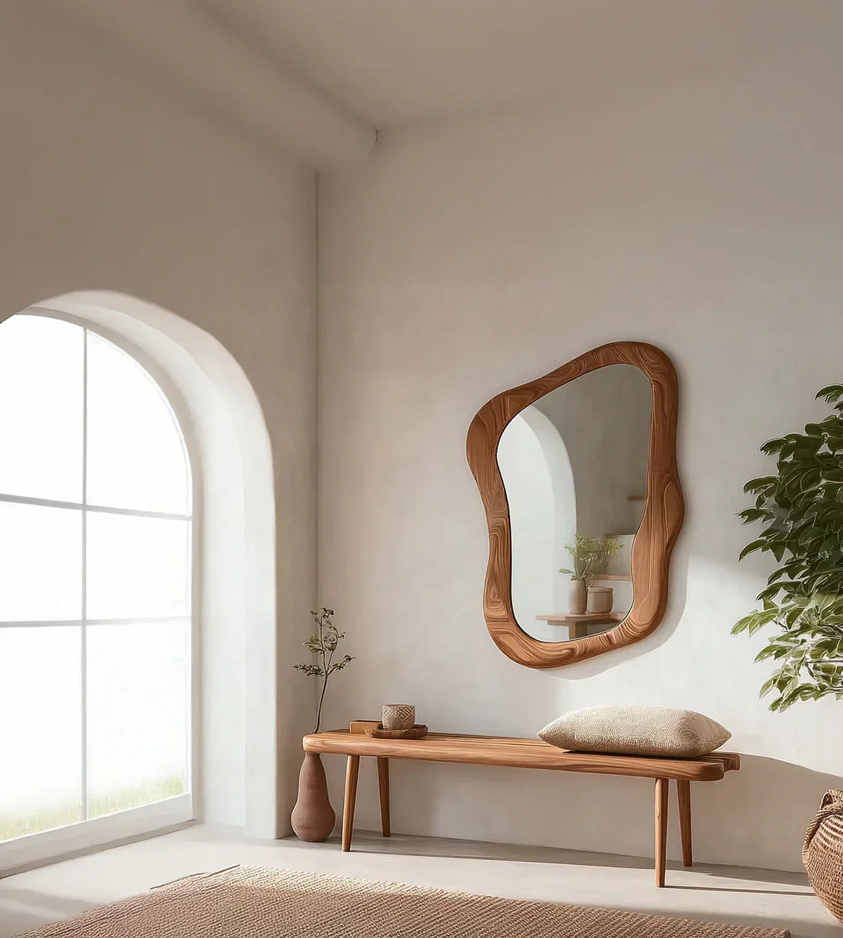 Sustainably crafted live edge wood bench with organic mirror in bright minimalist room