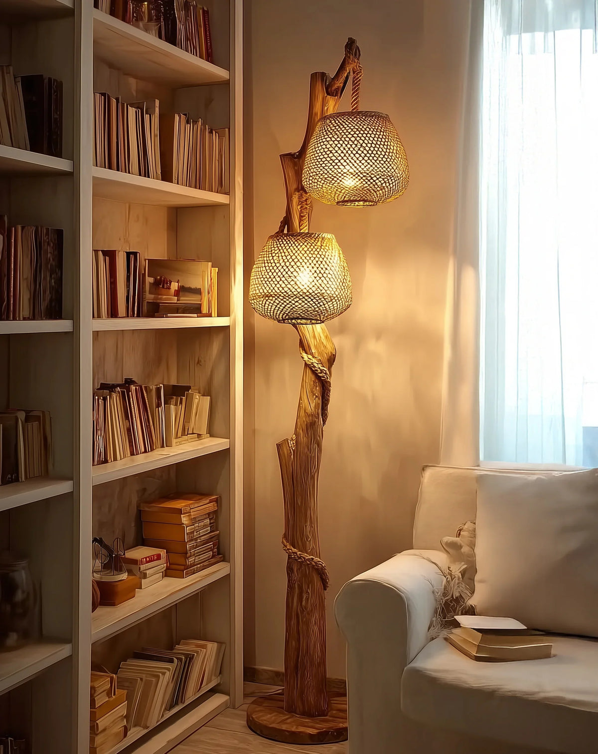 Rustic wood floor lamp with woven shades beside bookshelf and sofa in cozy living room