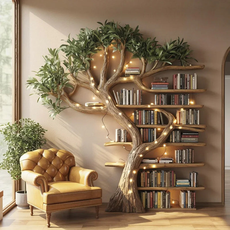 Living room with tree-shaped wooden bookshelf, fairy lights, and yellow leather armchair by window