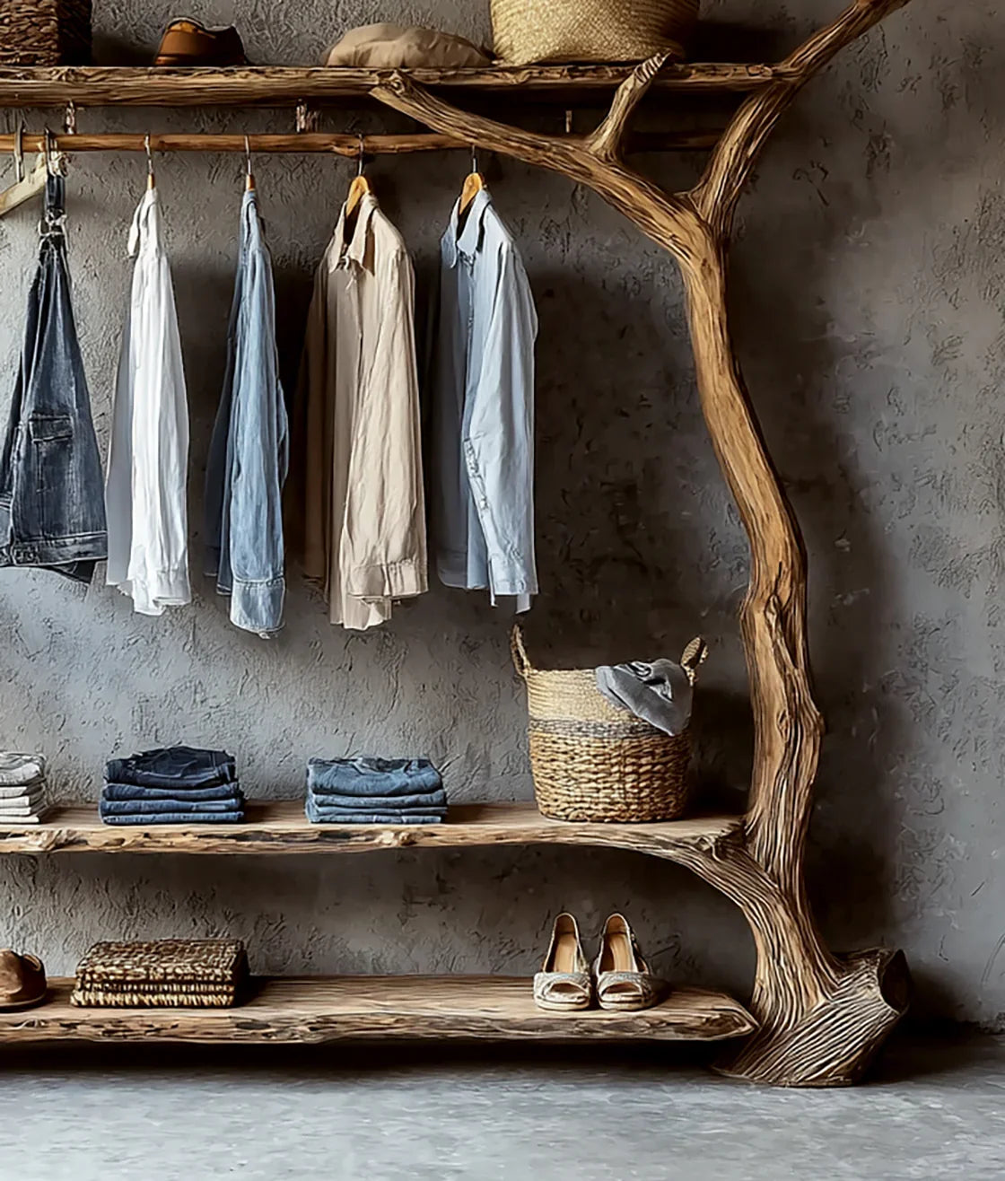 Live edge solid wood tree bookshelf and hanging rack with clothes, folded jeans, baskets, and shoes against a textured wall.