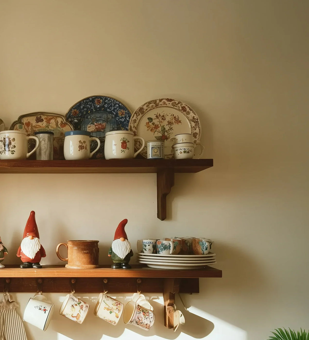 Wooden floating shelf with ceramic mugs, decorative plates, and gnome figurines in sunlight