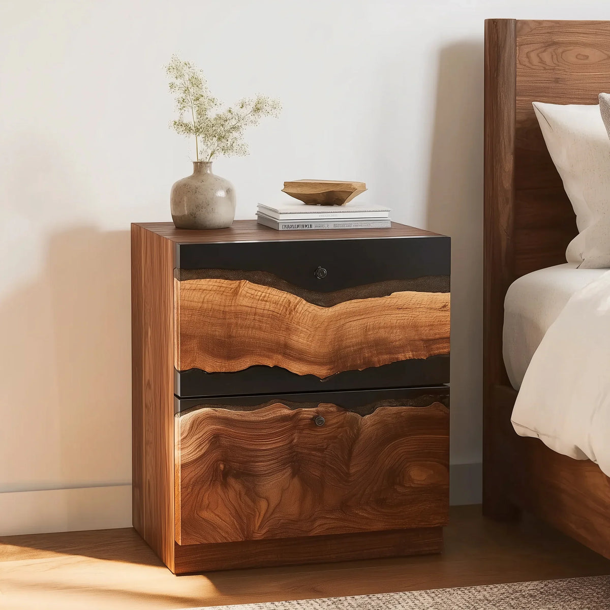 Solid wood live edge nightstand with two drawers, black accents, and minimalist decor